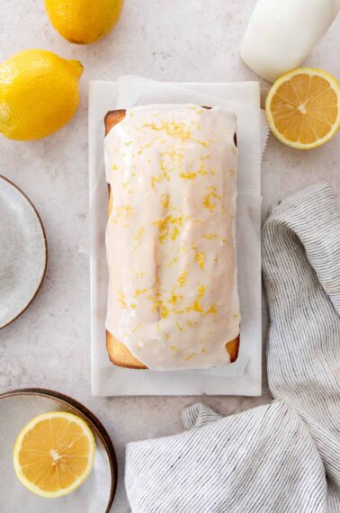 Gluten-free lemon loaf on a countertop.