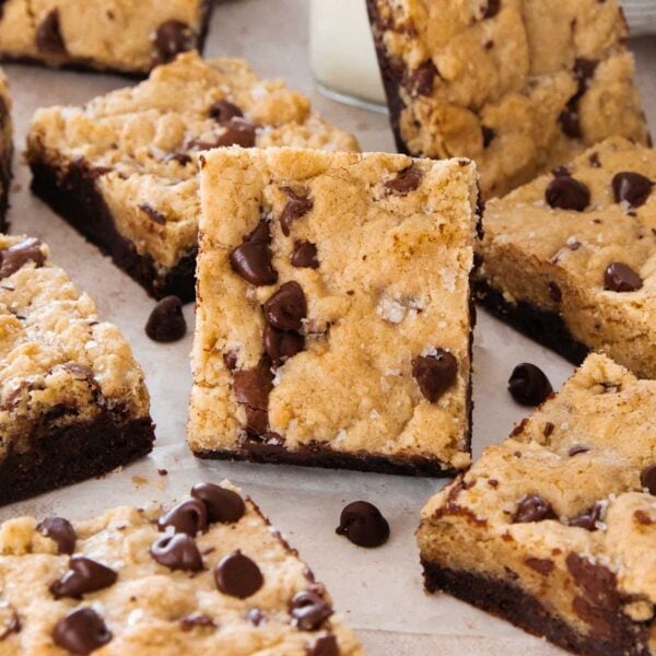 slices of brookies on a counter with chocolate chips.