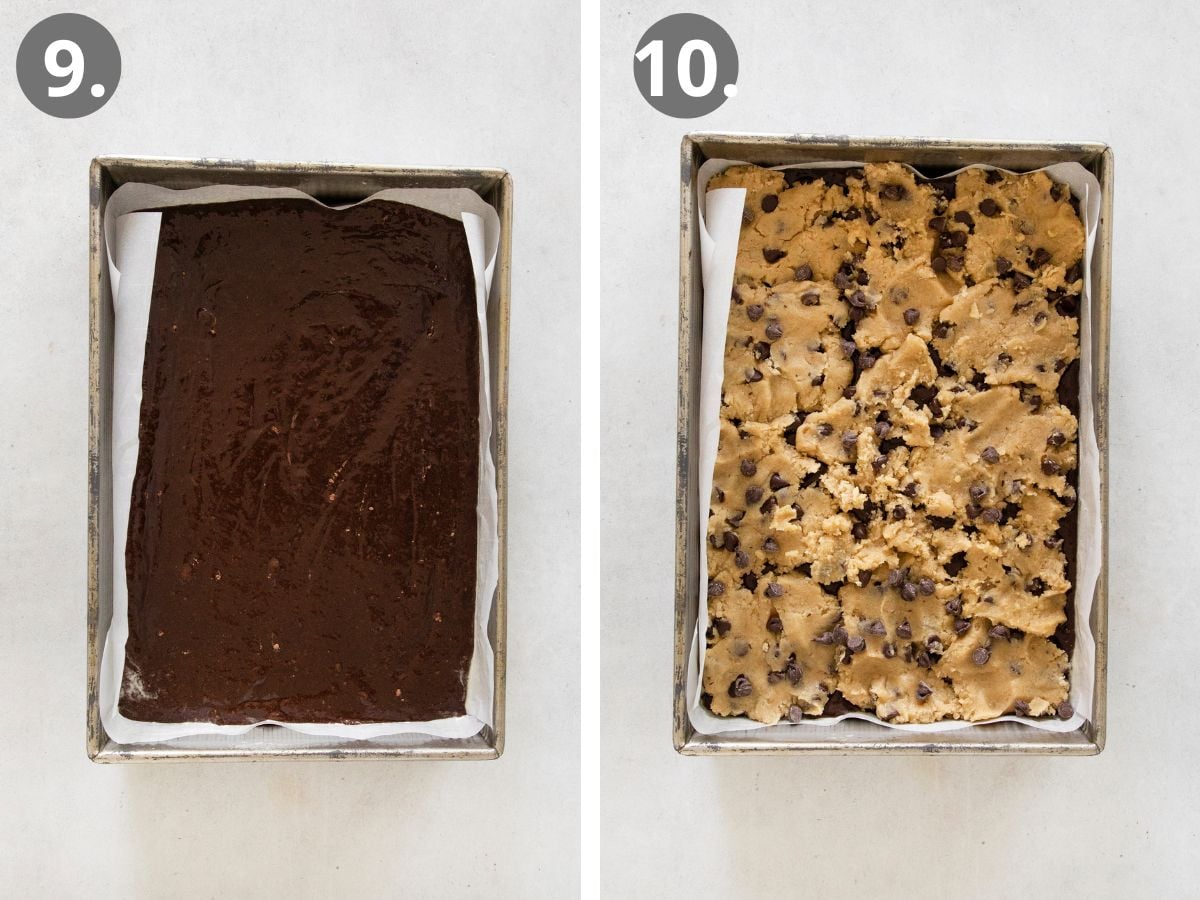 the brownie layer, than the cookie layer added to the pan.
