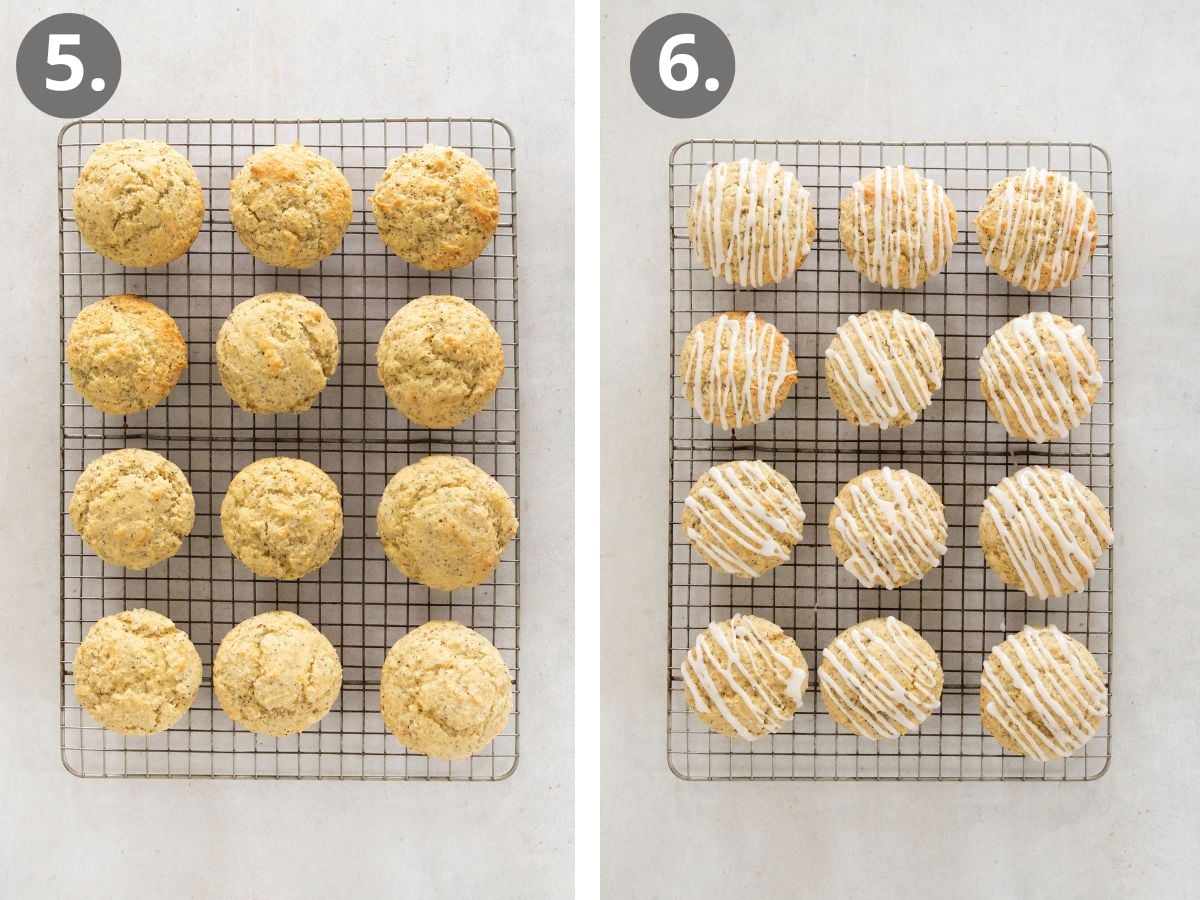 steps to bake, cool, and glaze the lemon poppy seed muffins.