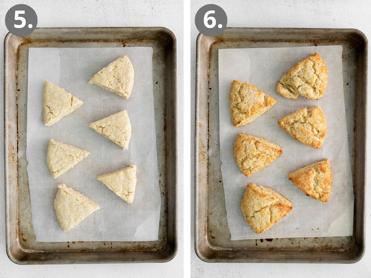 steps to cut, bake, and glaze the strawberry scones.