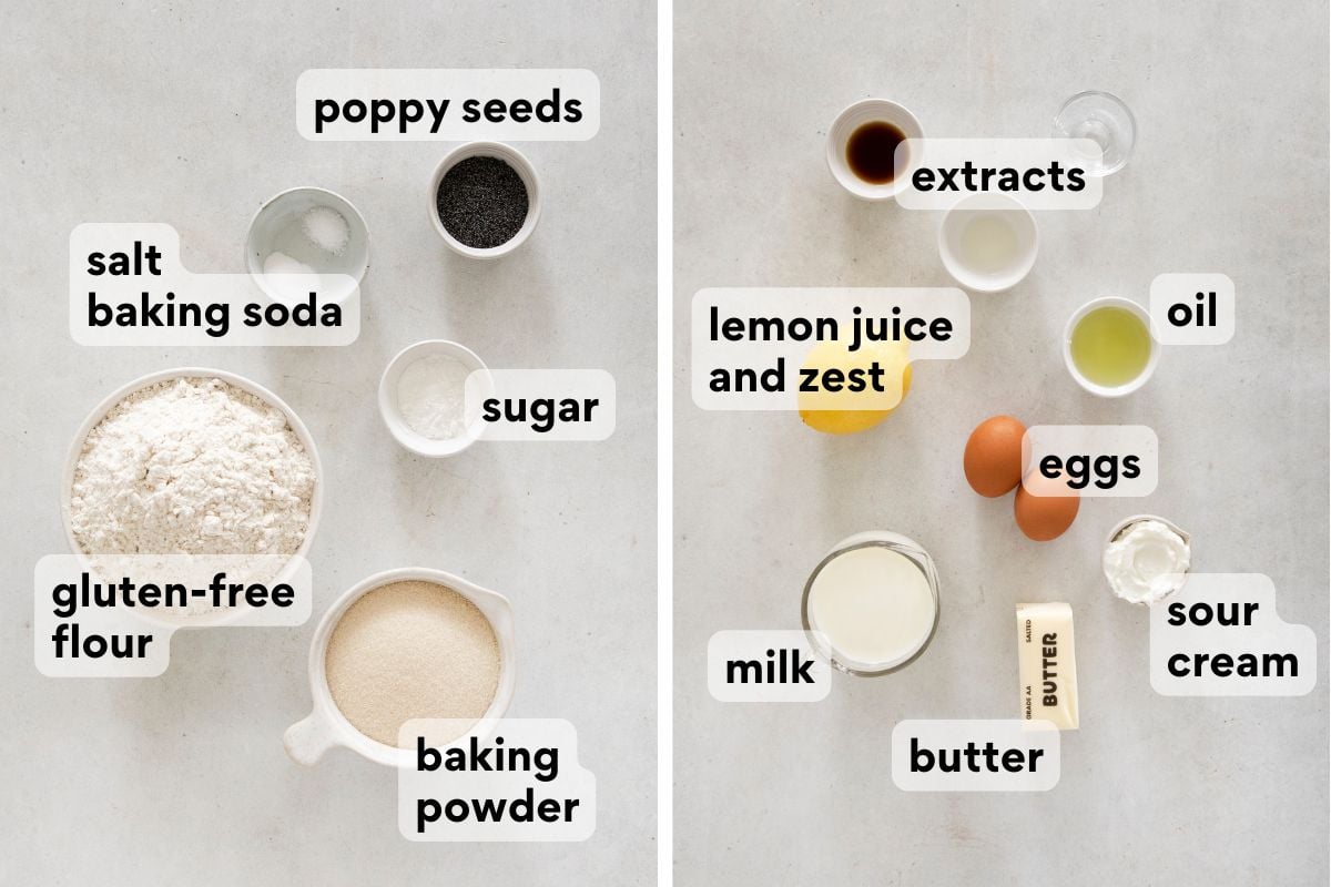 lemon poppy seed muffin ingredients measured and labeled.