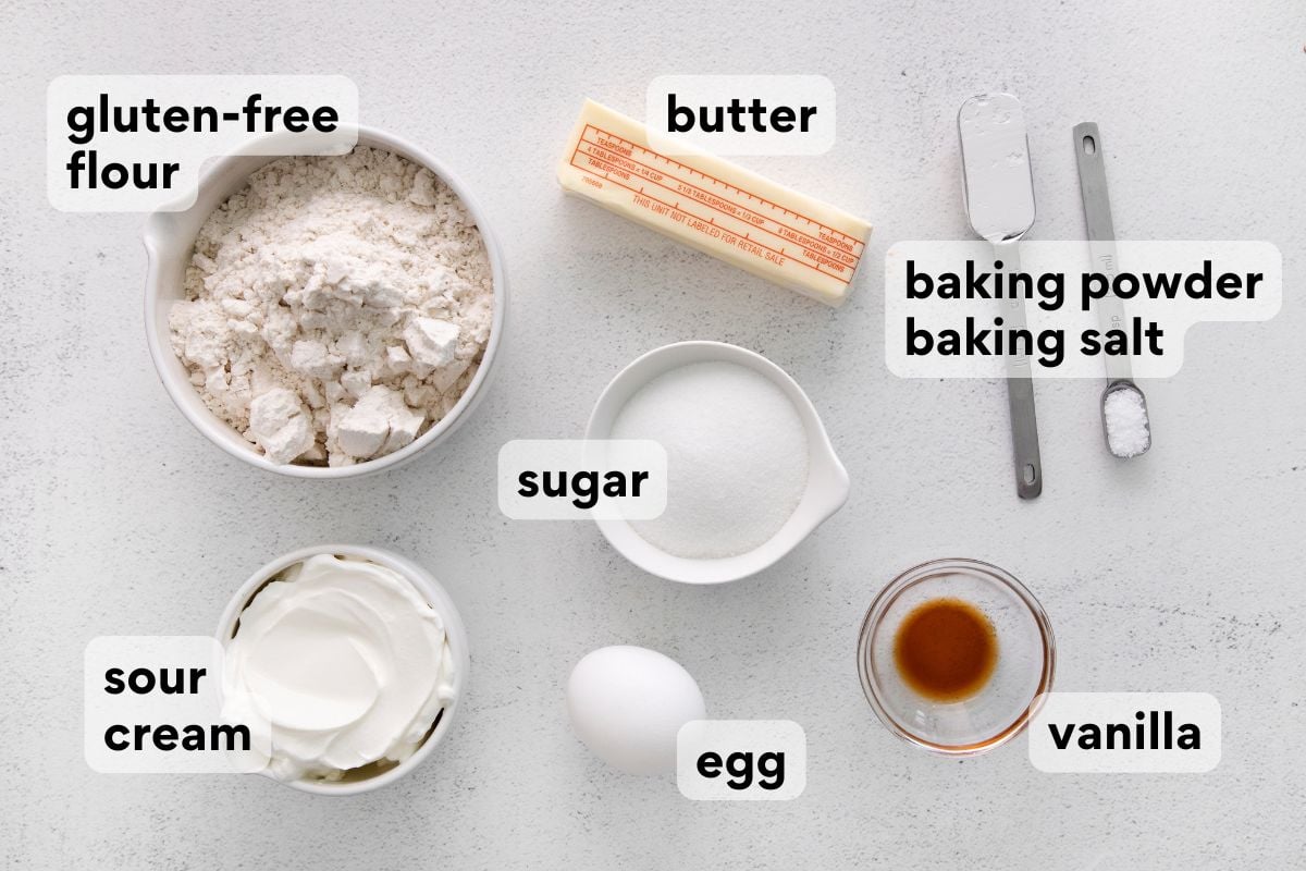 strawberry scone ingredients measured and labeled.