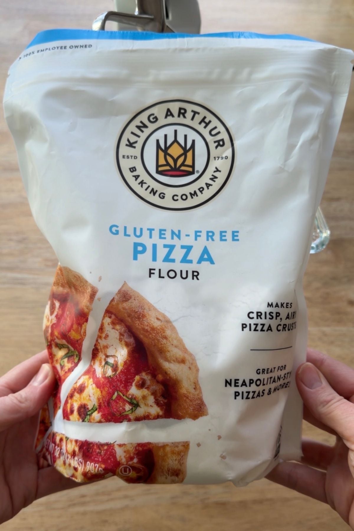 a bag of king arthur pizza flour.