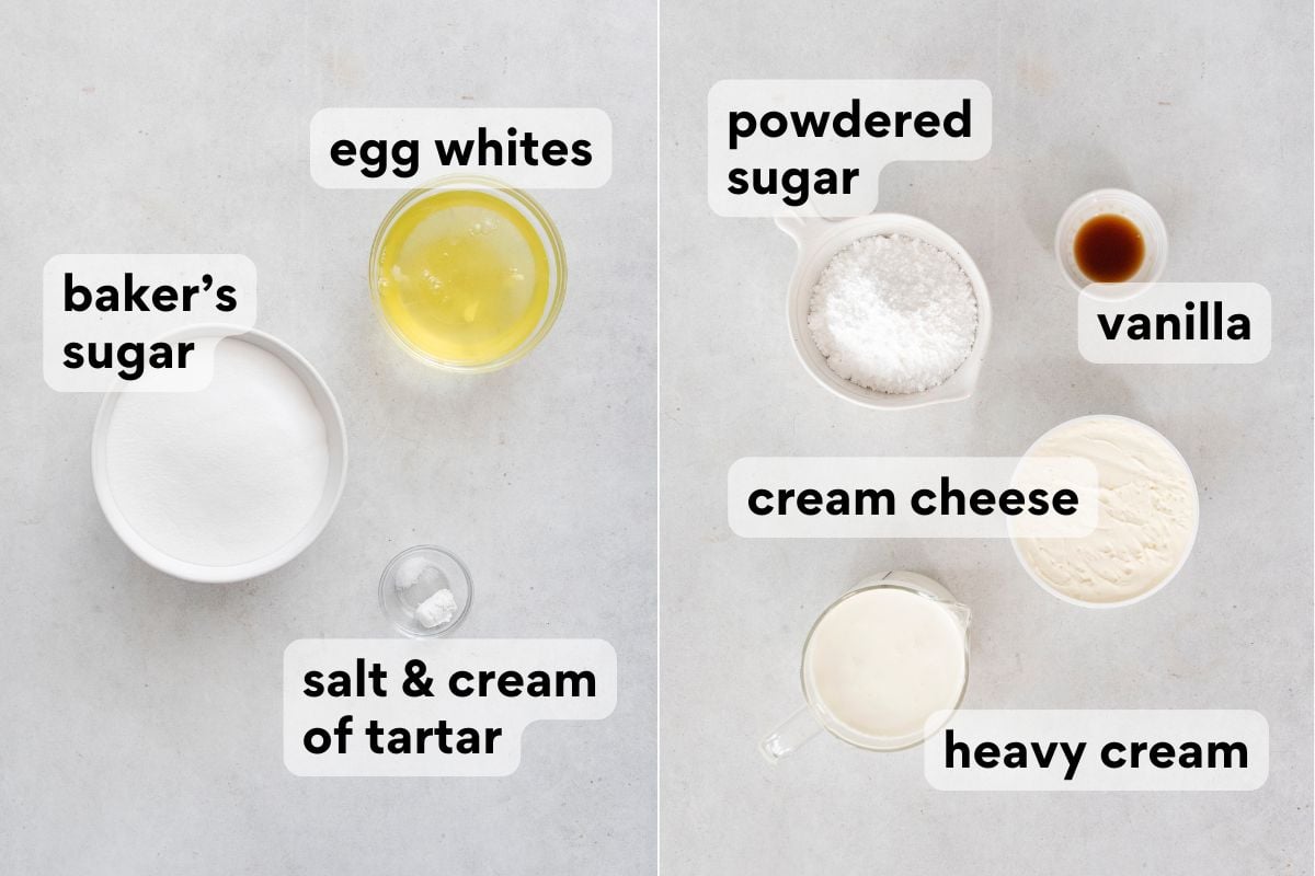 ingredients for the meringue and mascarpone filling measured and labeled.