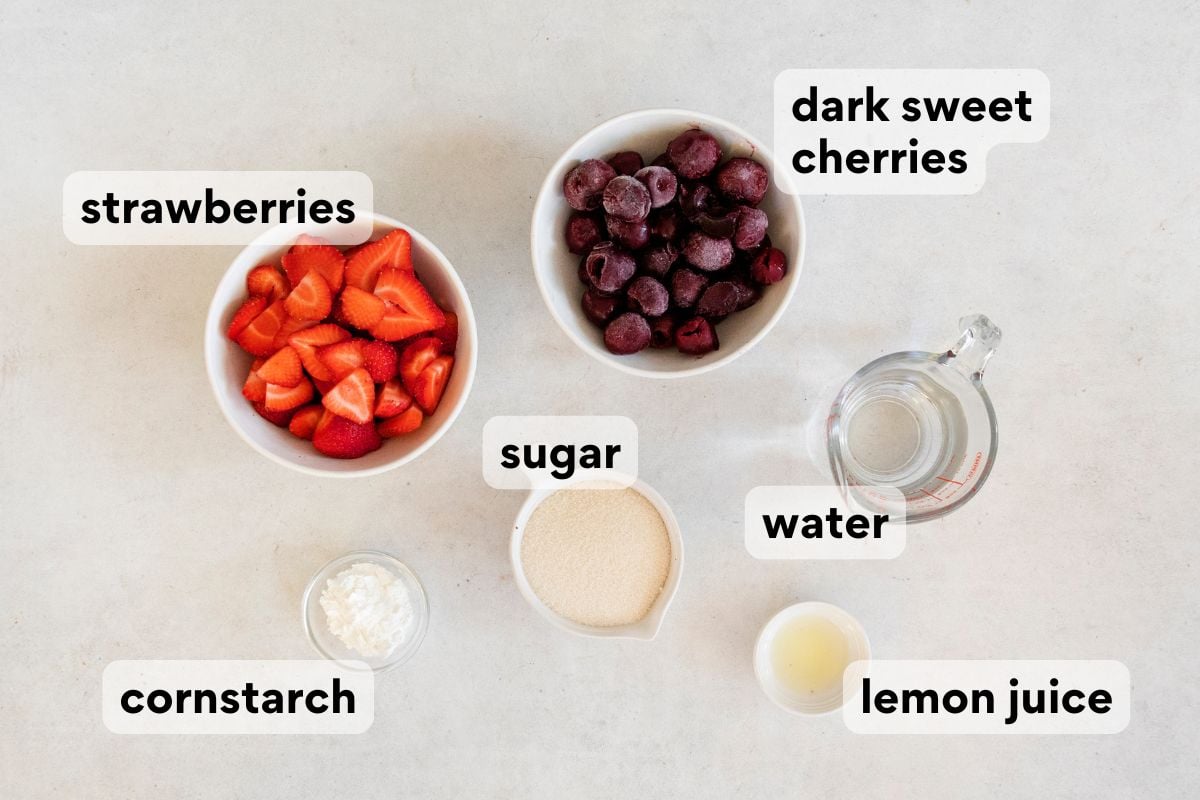 ingredients for the cherry berry topping measured and labeled.