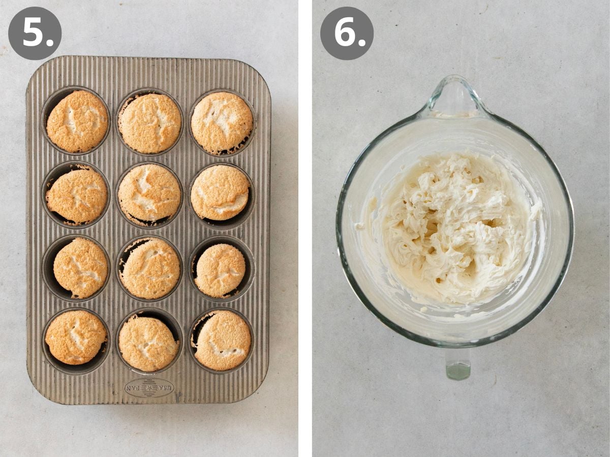 steps to bake the angel food cake cupcakes and make the mascarpone whipped cream.