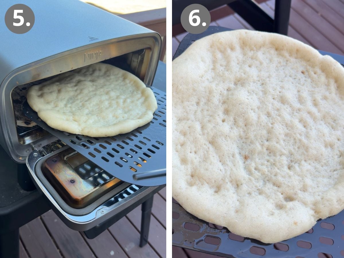 placing the dough into the ninja pizza oven to parbake and a parbaked crust.