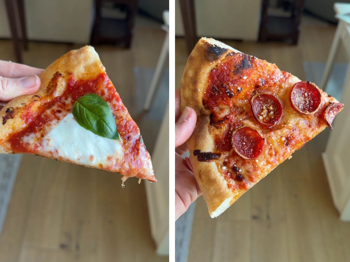 a slice of margherita pizza and a slice of pepperoni pizza.