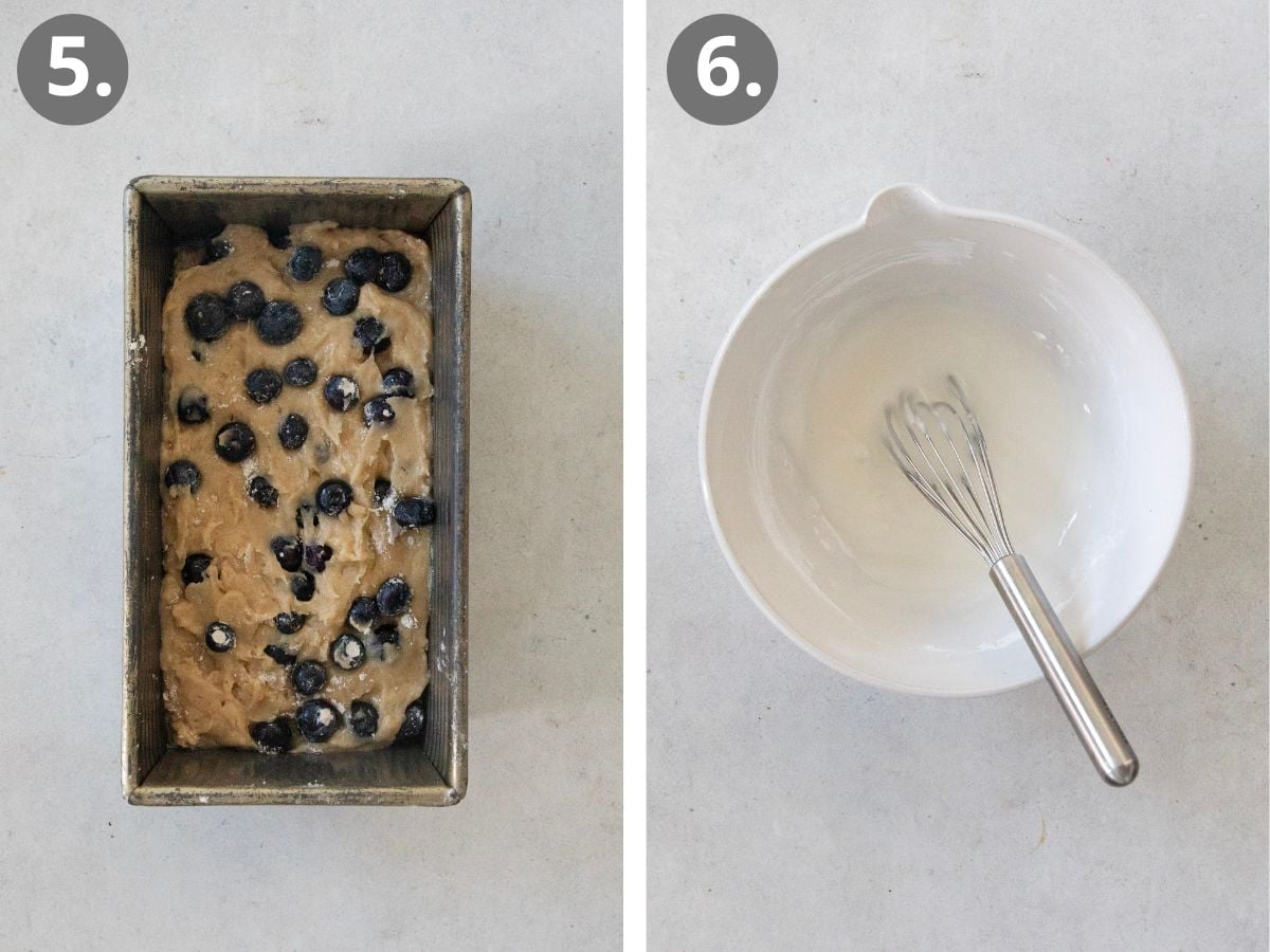 steps to bake and glaze the lemon blueberry bread.