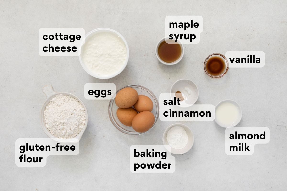 cottage cheese pancake ingredients measured and labeled.