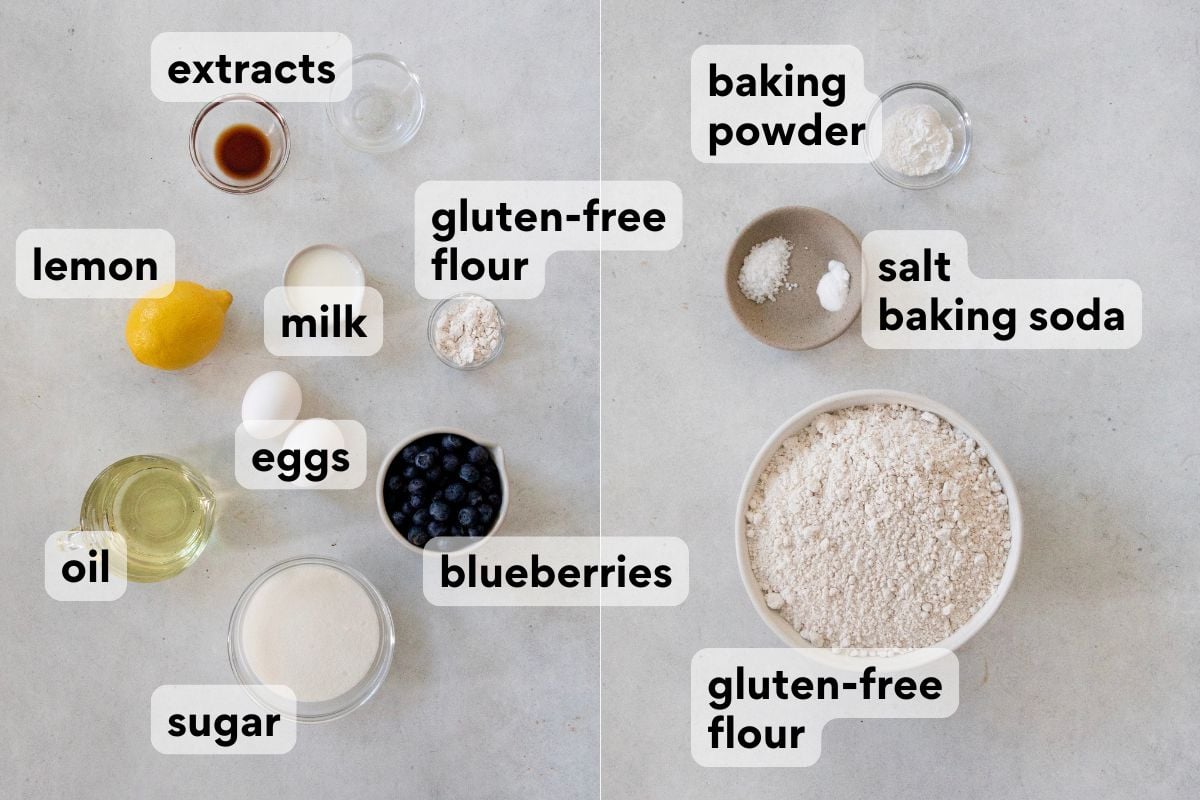 lemon blueberry bread ingredients measured and labeled.