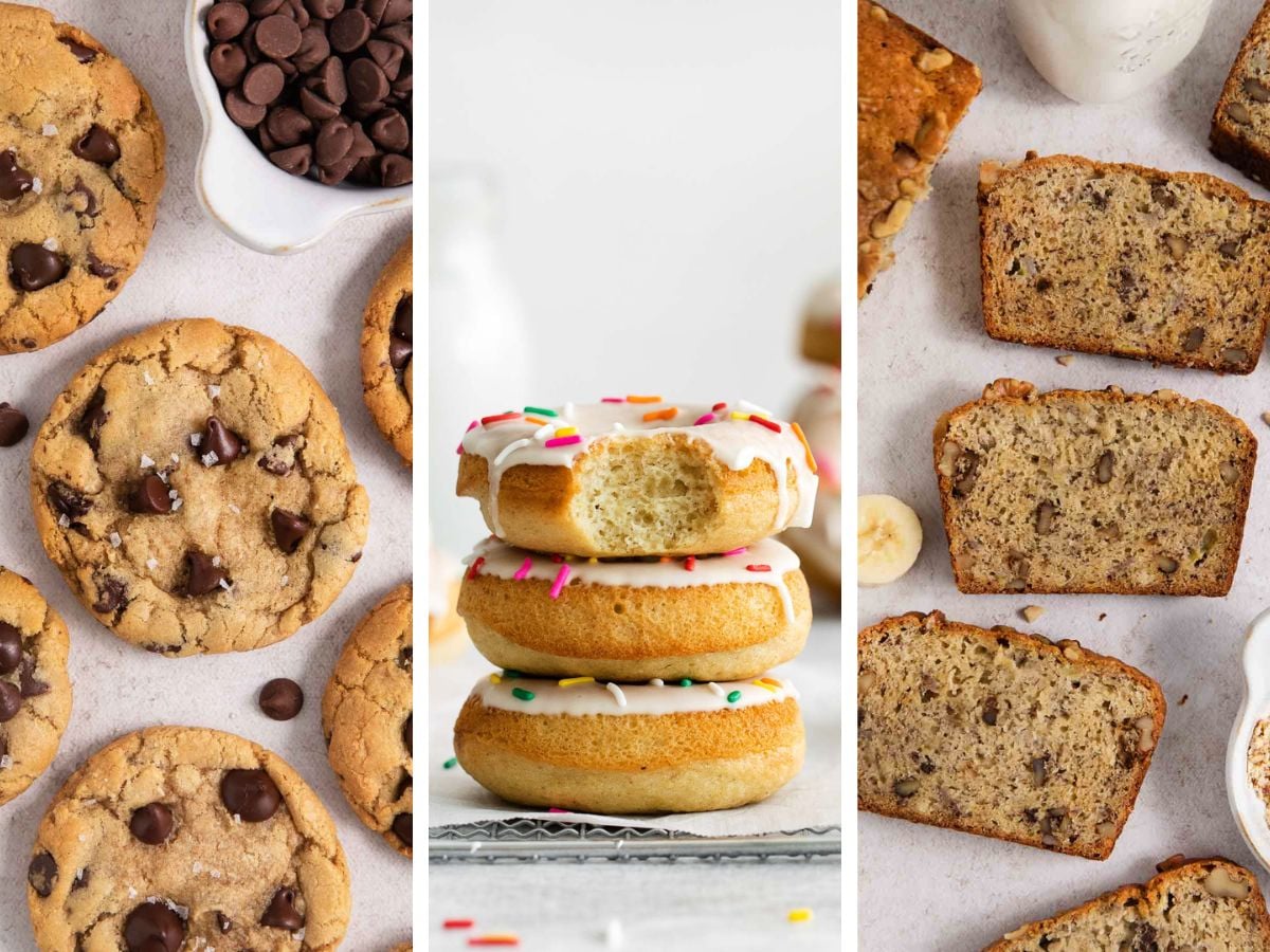 three side-by-side photos of chocolate chip cookies, baked donuts, and banana bread.
