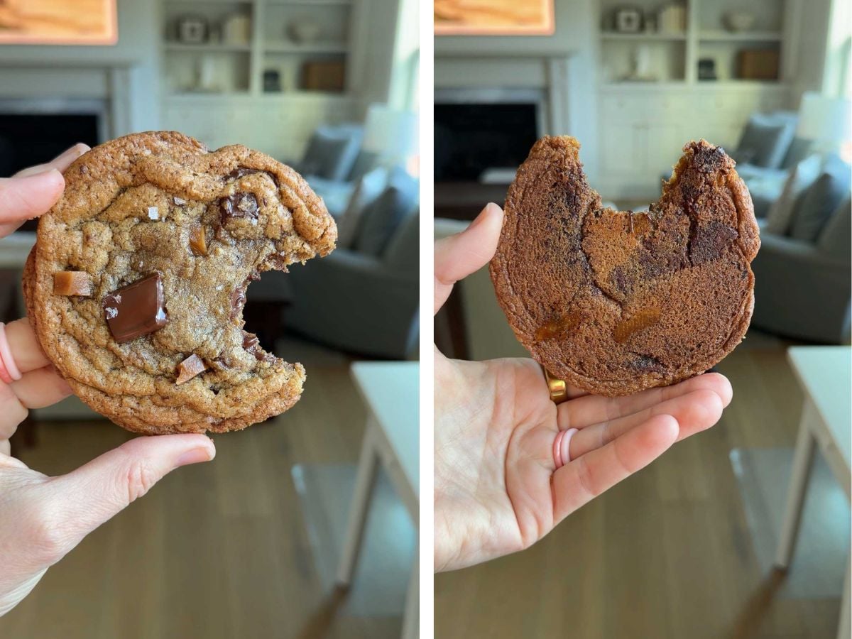 side by side photos of a cookie with a bite missing showing both front and back.