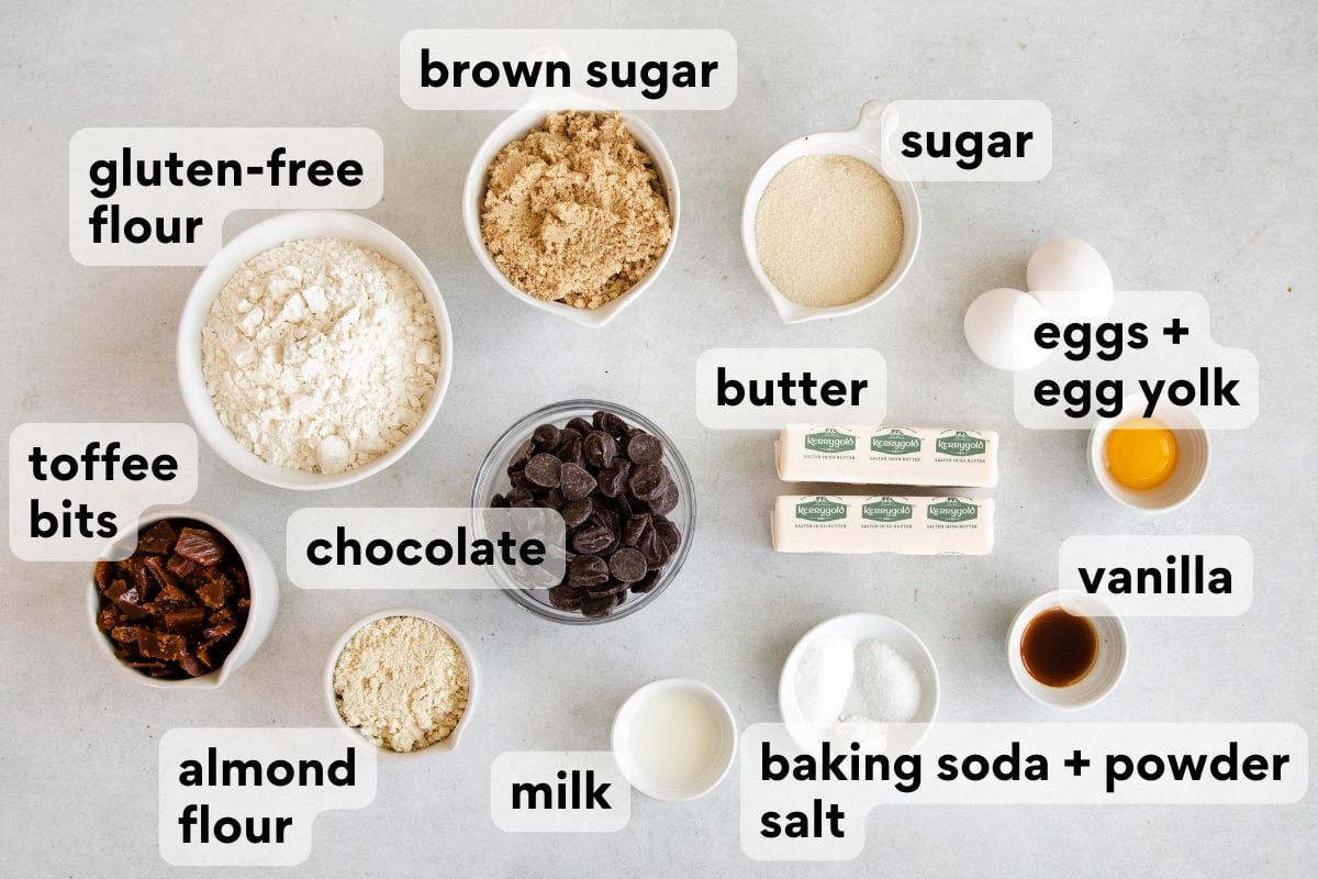 brown butter toffee chocolate chip cookie ingredients measured and lableled.