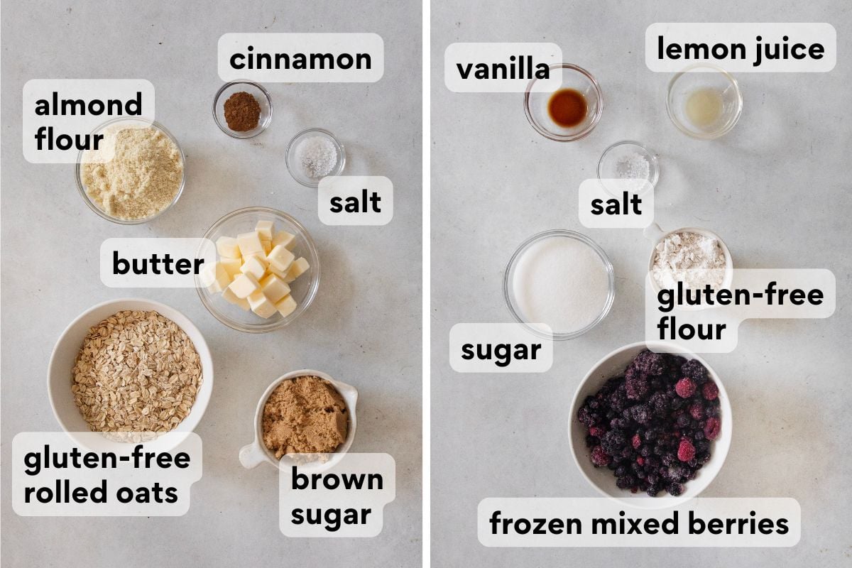 triple berry crisp ingredients measured and labeled.