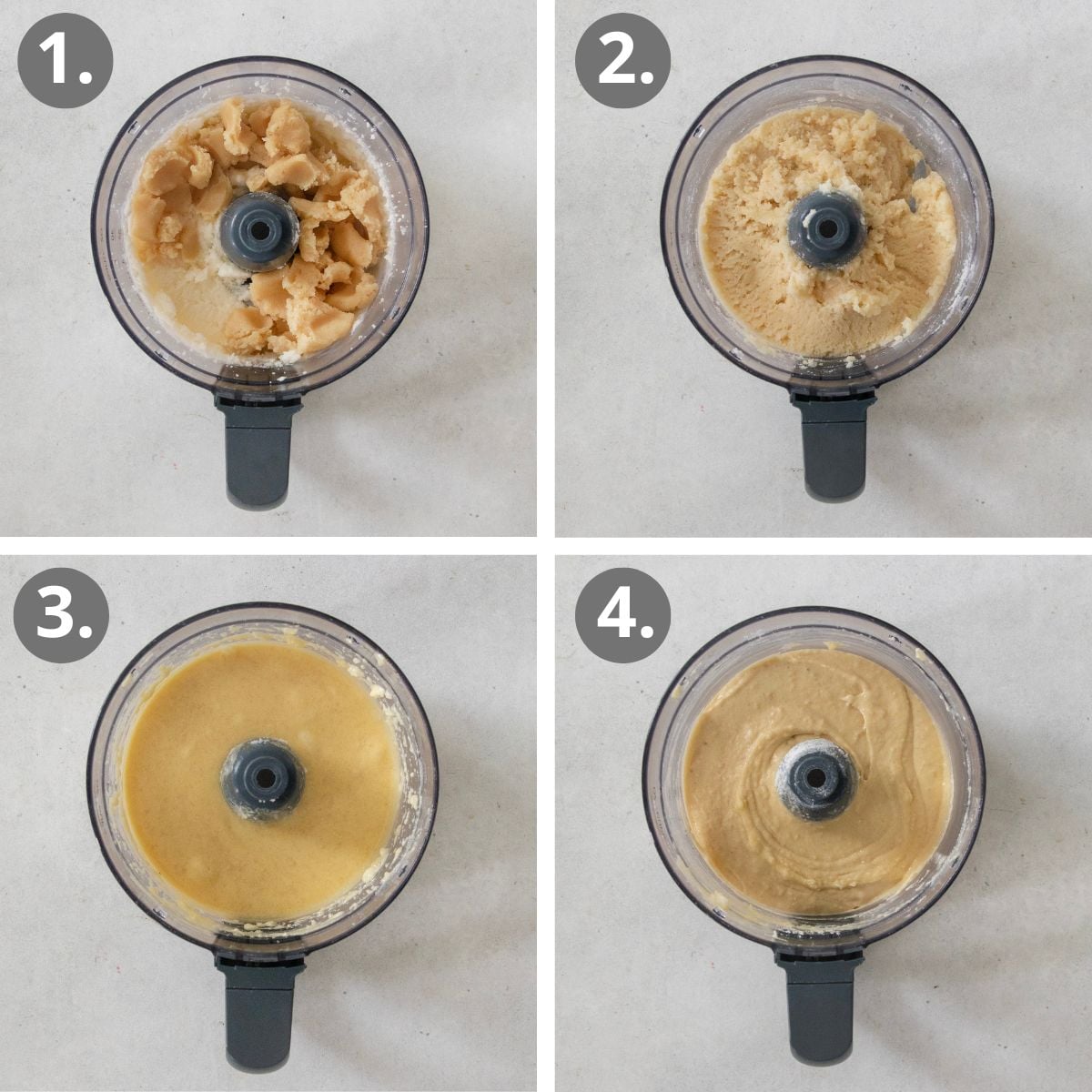 Four images of a food processor at different blending stages: chopped nuts (1), coarsely blended mixture (2), smoother paste (3), and creamy nut butter (4), shown from a top-down view. Each step is numbered 1 to 4.