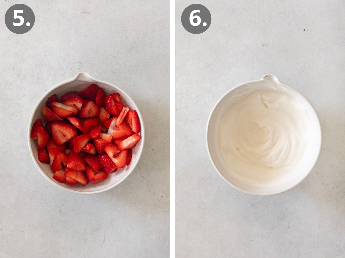 Two side-by-side bowls: the left bowl (labeled 5) contains sliced strawberries; the right bowl (labeled 6) contains smooth whipped cream. Both bowls sit on a light-colored surface.