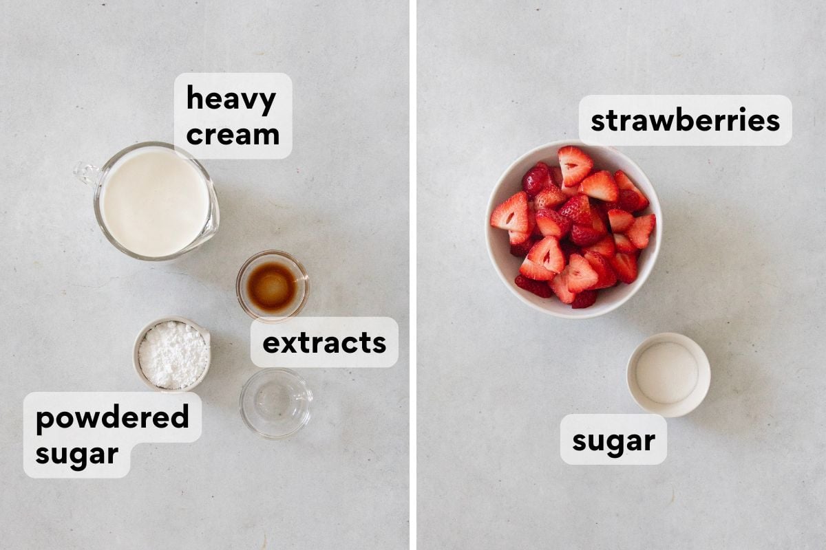 Two panels show labeled ingredients: the left has heavy cream, powdered sugar, and extracts; the right has a bowl of sliced strawberries and a small bowl of sugar, all on a light surface.