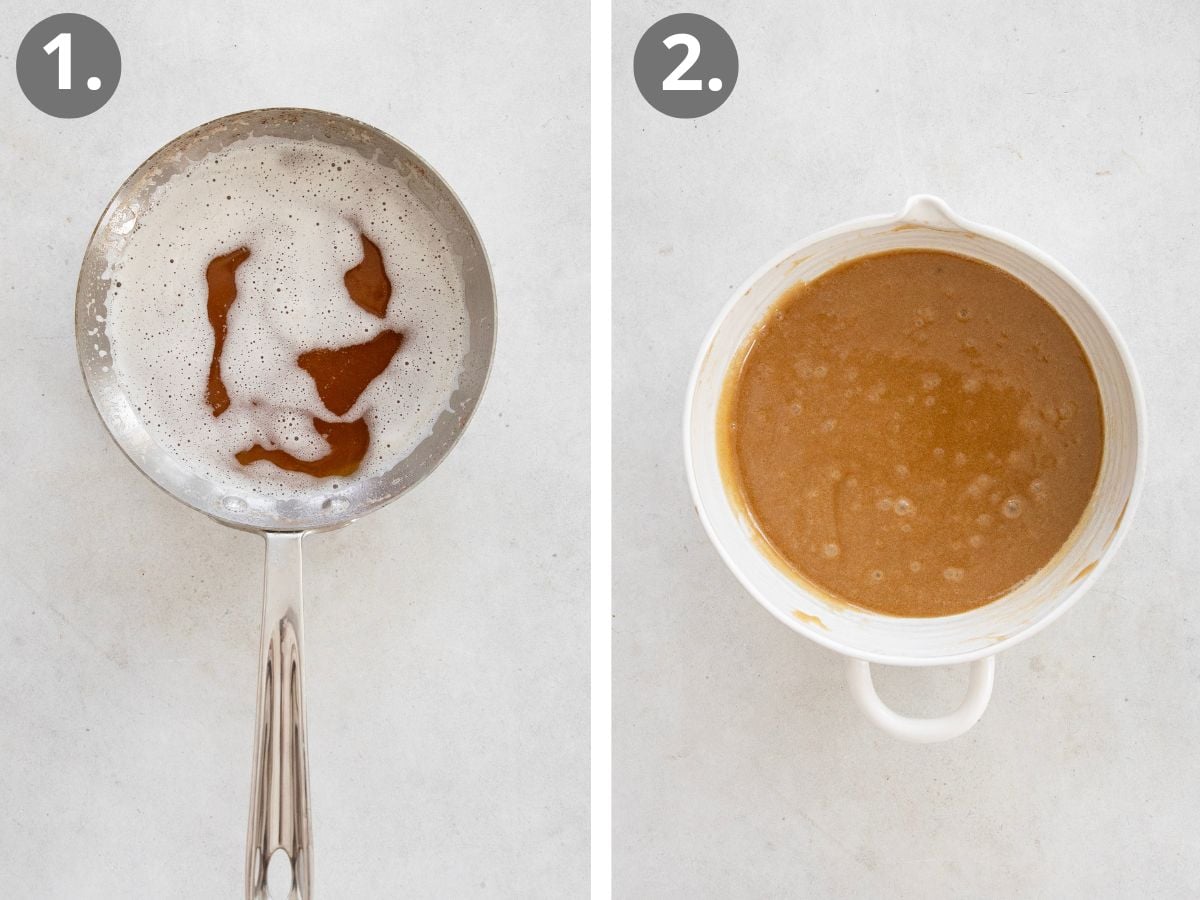 Step 1: A saucepan with foamy, browned butter inside. Step 2: A white mixing bowl containing a smooth, caramel-colored mixture. Both images are set on a light surface with numbered labels in the top corners.