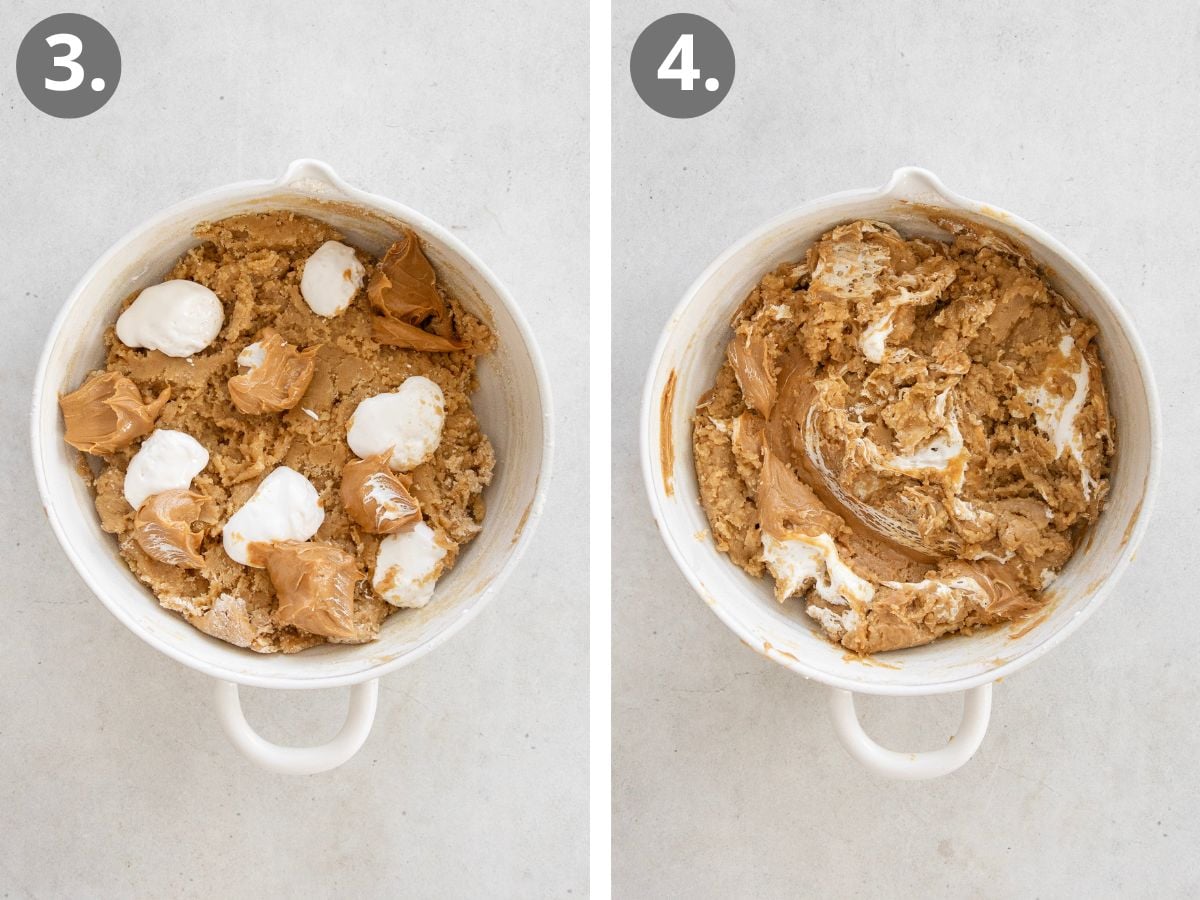 Two side-by-side mixing bowls: the left shows dough with dollops of peanut butter and white cream, labeled 3.; the right shows the ingredients partially mixed into the dough, labeled 4. Both bowls sit on a light surface.