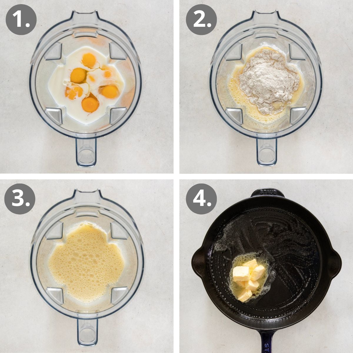 Four-step collage: 1) Blender with milk and four eggs. 2) Blender with added flour. 3) Blender filled with a mixed, frothy batter. 4) Butter melting in a black skillet on a stovetop.