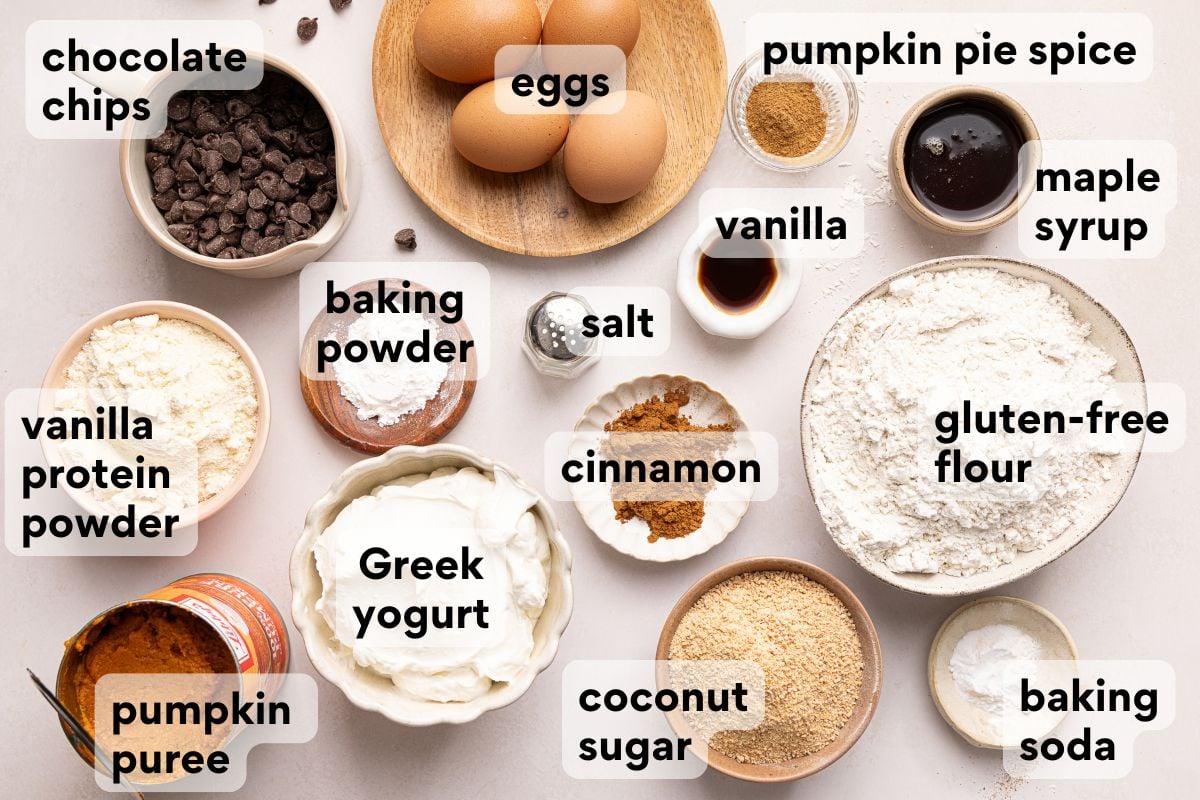 A variety of labeled baking ingredients are arranged on a counter, including eggs, chocolate chips, pumpkin puree, Greek yogurt, flours, spices, sweeteners, and baking powder and soda.